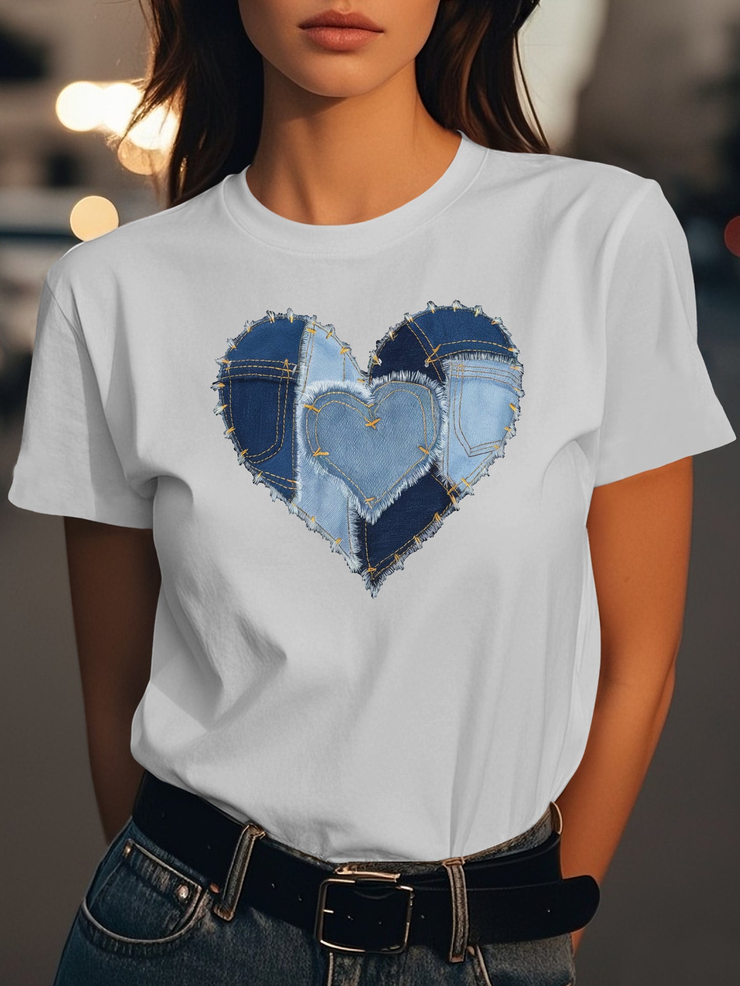 Heart shaped denim patches Fashion women's pure cotton T-shirt short sleeves