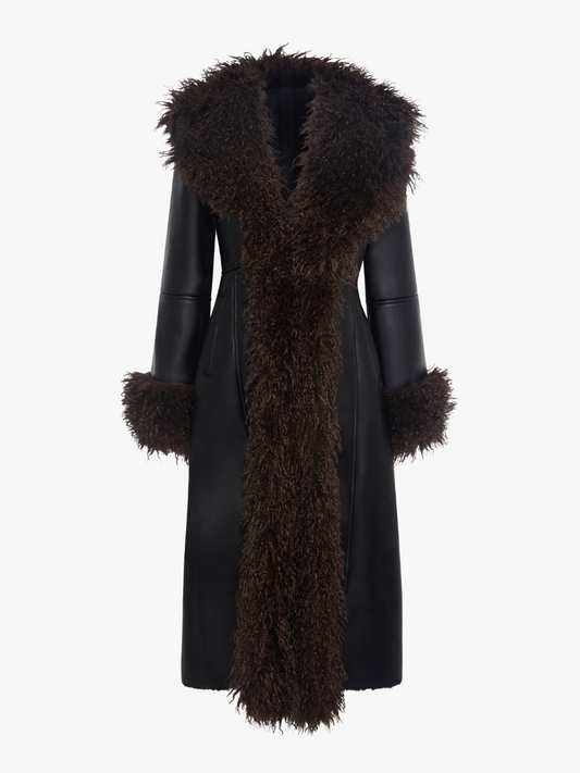 Coat In Vegan Leather With Curly Contrast Fur