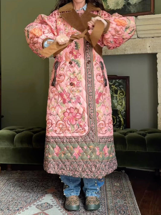 Printed Wide Lape Belted Long Coat