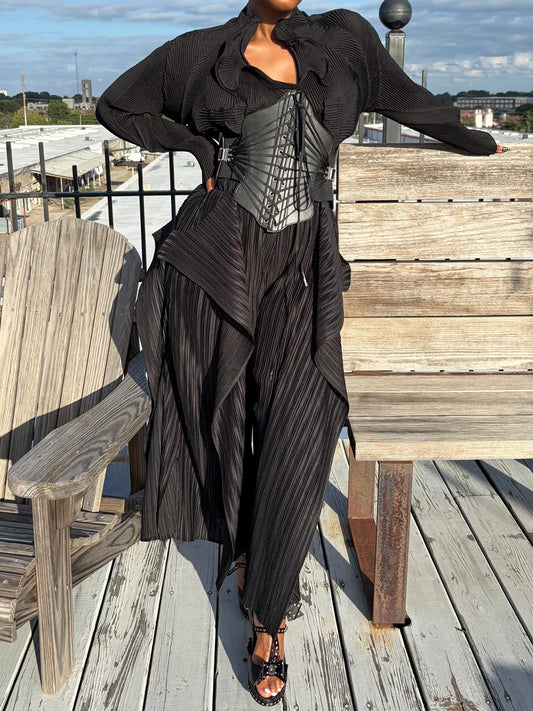 Elastic Pleated Top & Accordion Pants Without Belt