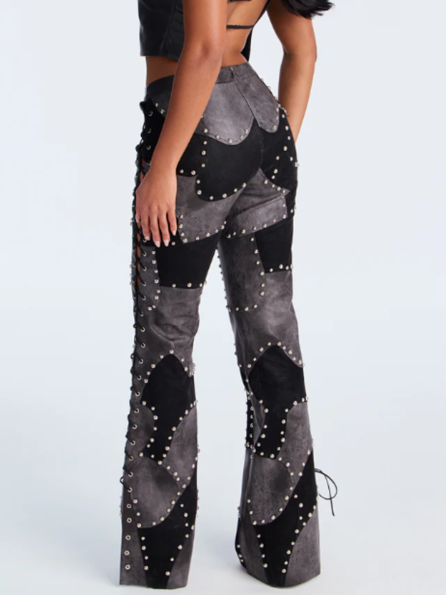Faux-Leather Patchwork Flared Pants