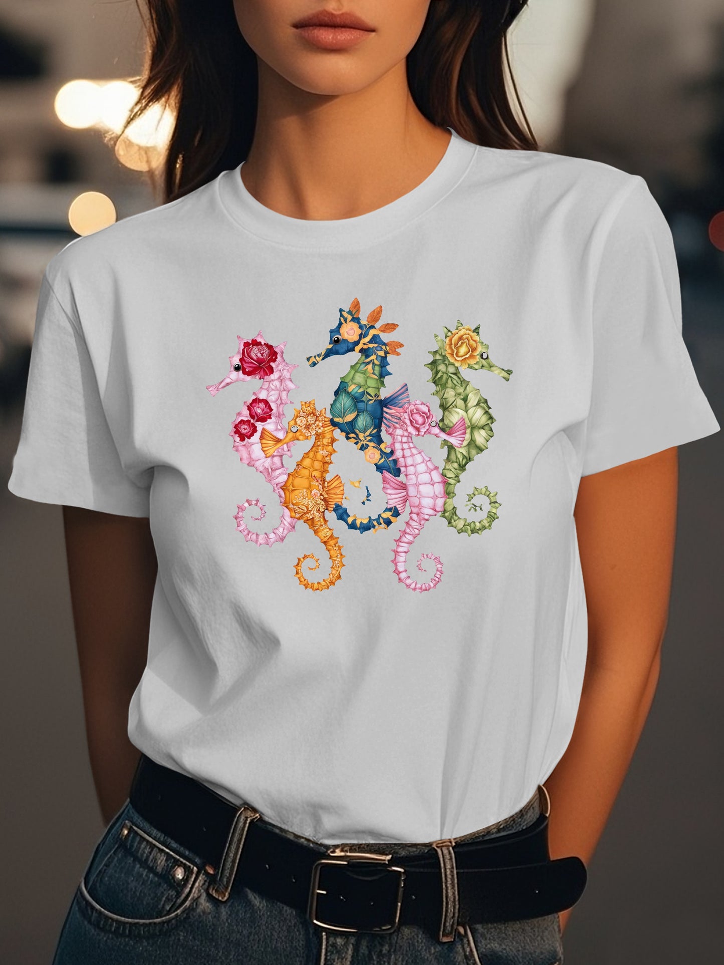 intricately detailed seahorses Fashion women's pure cotton T-shirt short sleeves