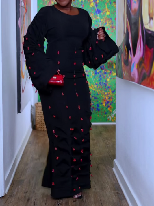 Red Coral Bead Pendant Laminated Skirt Dress