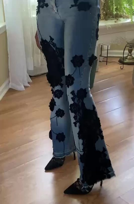 Black Lace Patchwork Flared Jeans