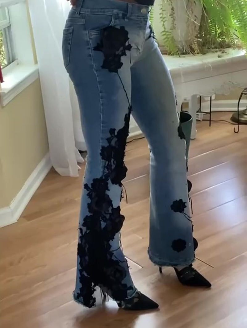 Black Lace Patchwork Flared Jeans