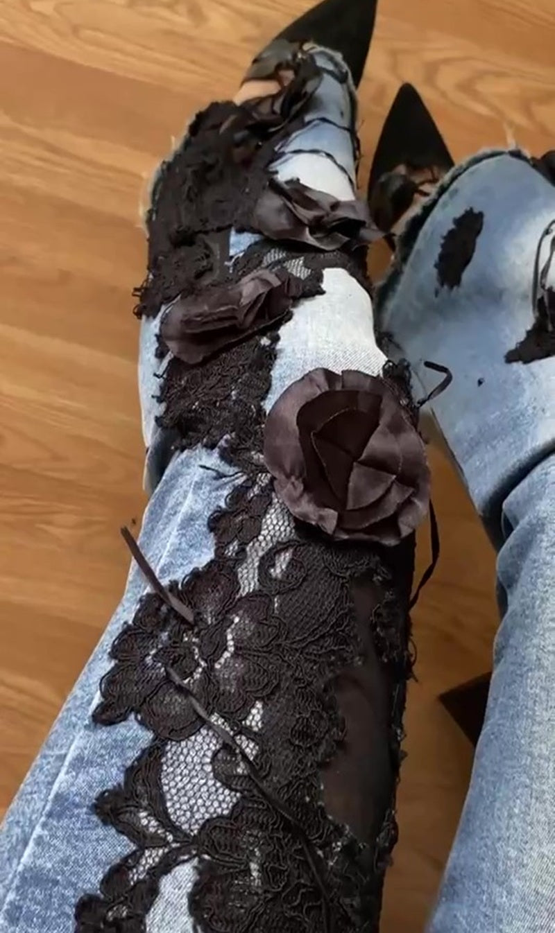 Black Lace Patchwork Flared Jeans