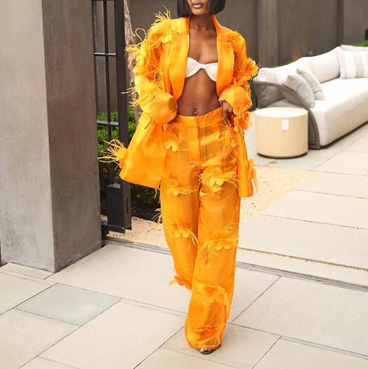 Orange Feather Floral Embellished Suit Set