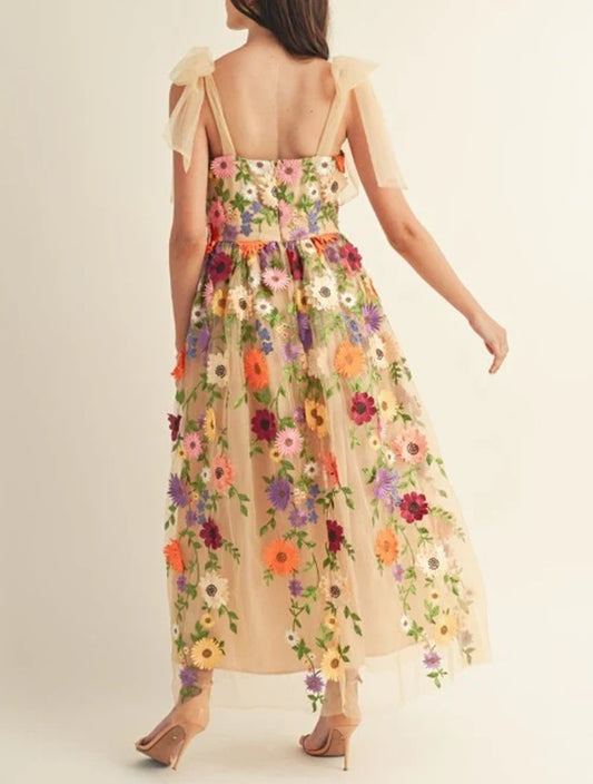 3d Floral All Over Shoulder Tie Midi Dress