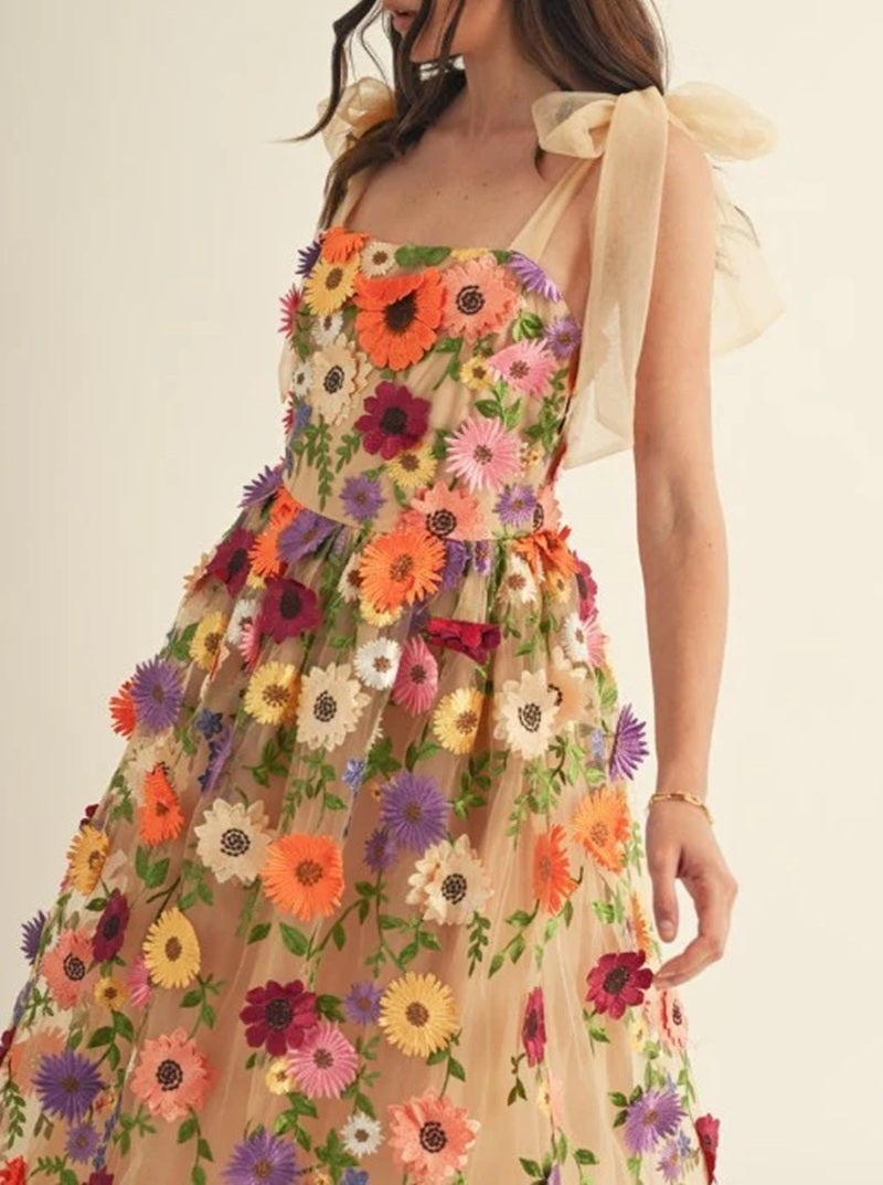 3d Floral All Over Shoulder Tie Midi Dress