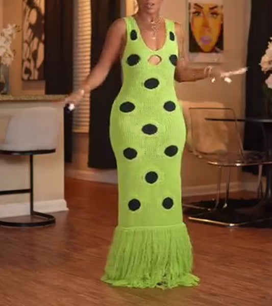 Neon Polka Dot Fringe Knit Gown