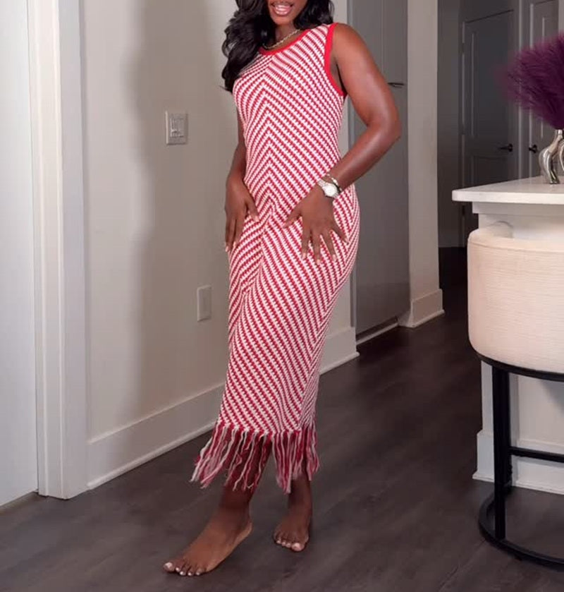 Boho Chevron Fringe Midi Dress