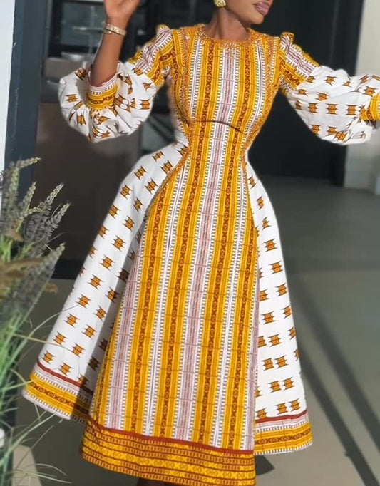 Golden Patterned Puff-Sleeve Dress