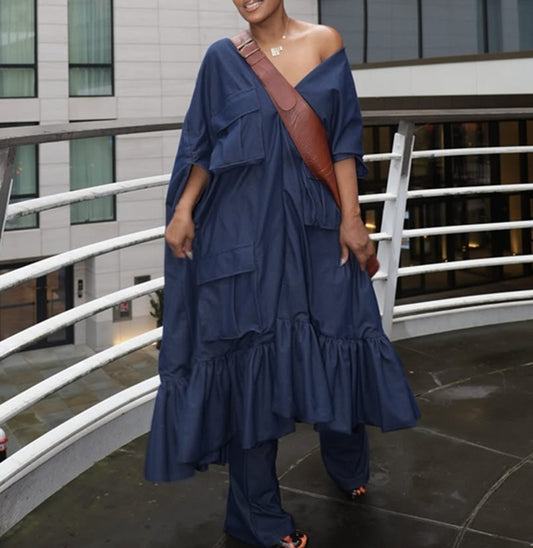 Navy Drape Pocket Maxi Dress