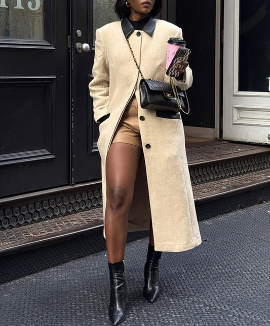 Cream Leather-Trim Wool Coat