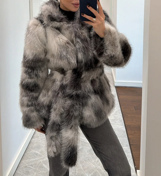 Batik Pattern Belted Fur Coat