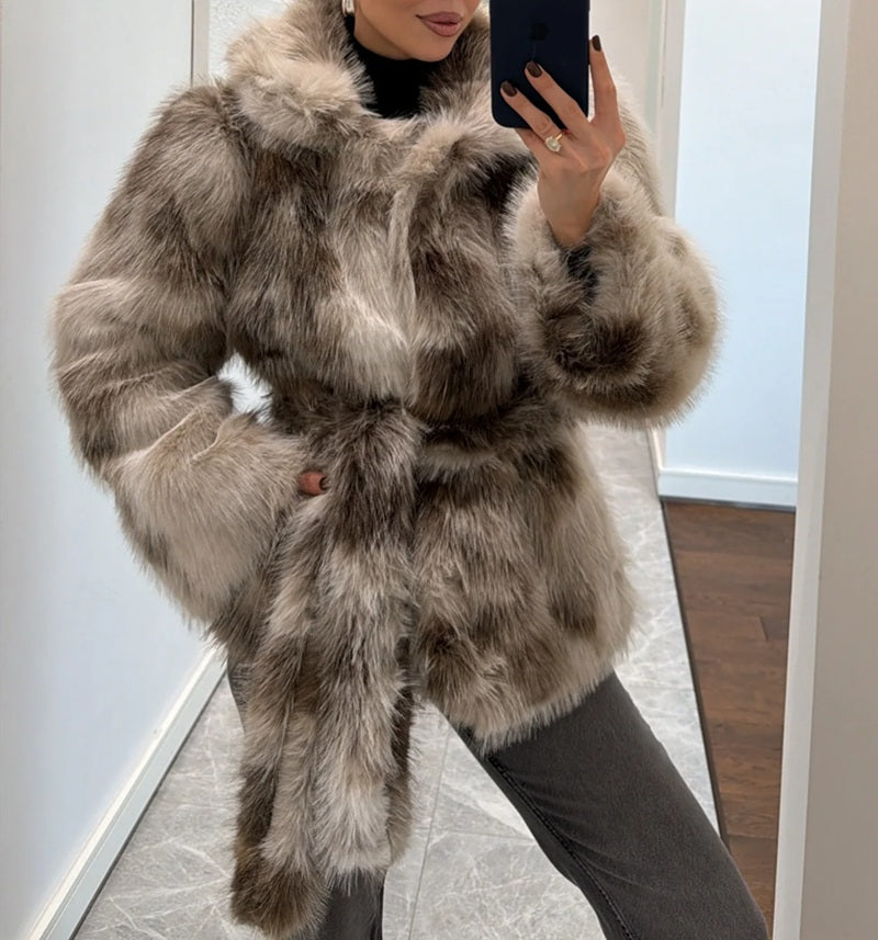 Batik Pattern Belted Fur Coat