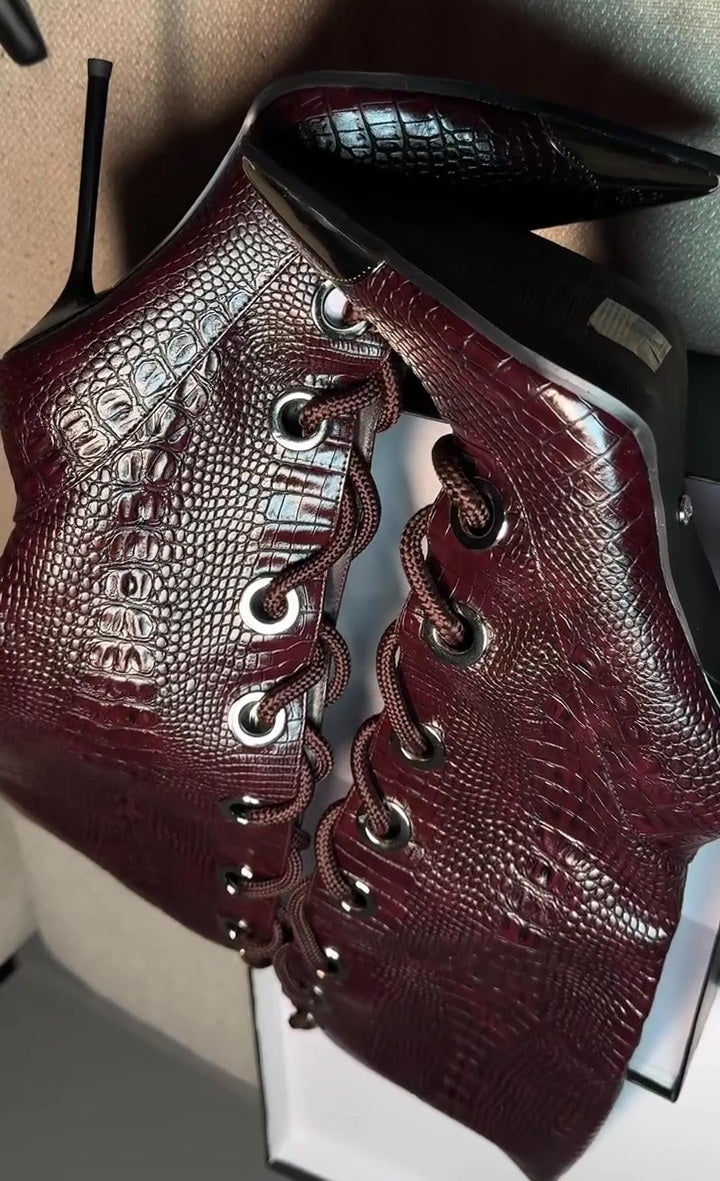 Burgundy Crocodile Lace-Up Stiletto Boots