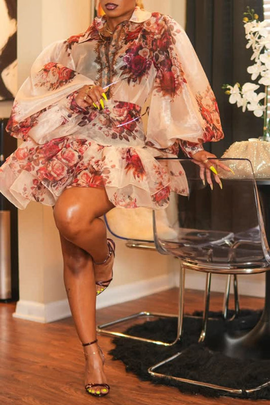 Blush Floral Organza Puff Sleeve Two-Piece Set