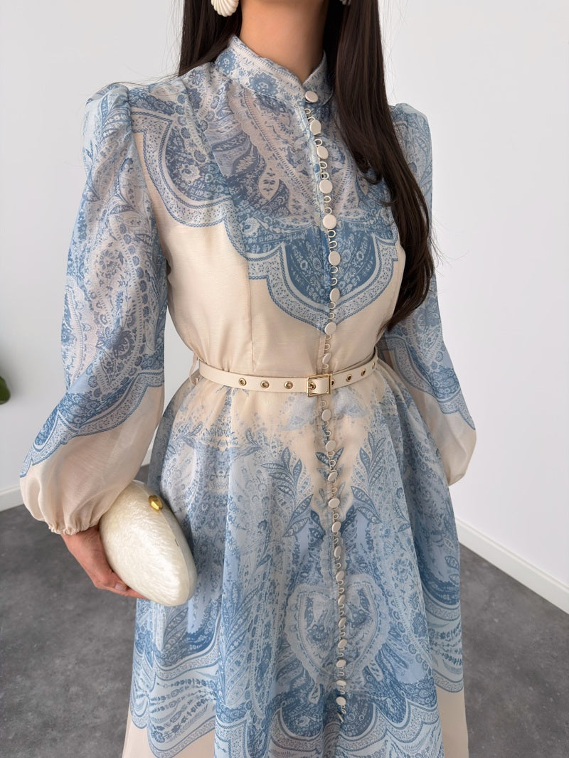 Elegant Stand Collar Paisley Embroidered Midi Shirt Dress