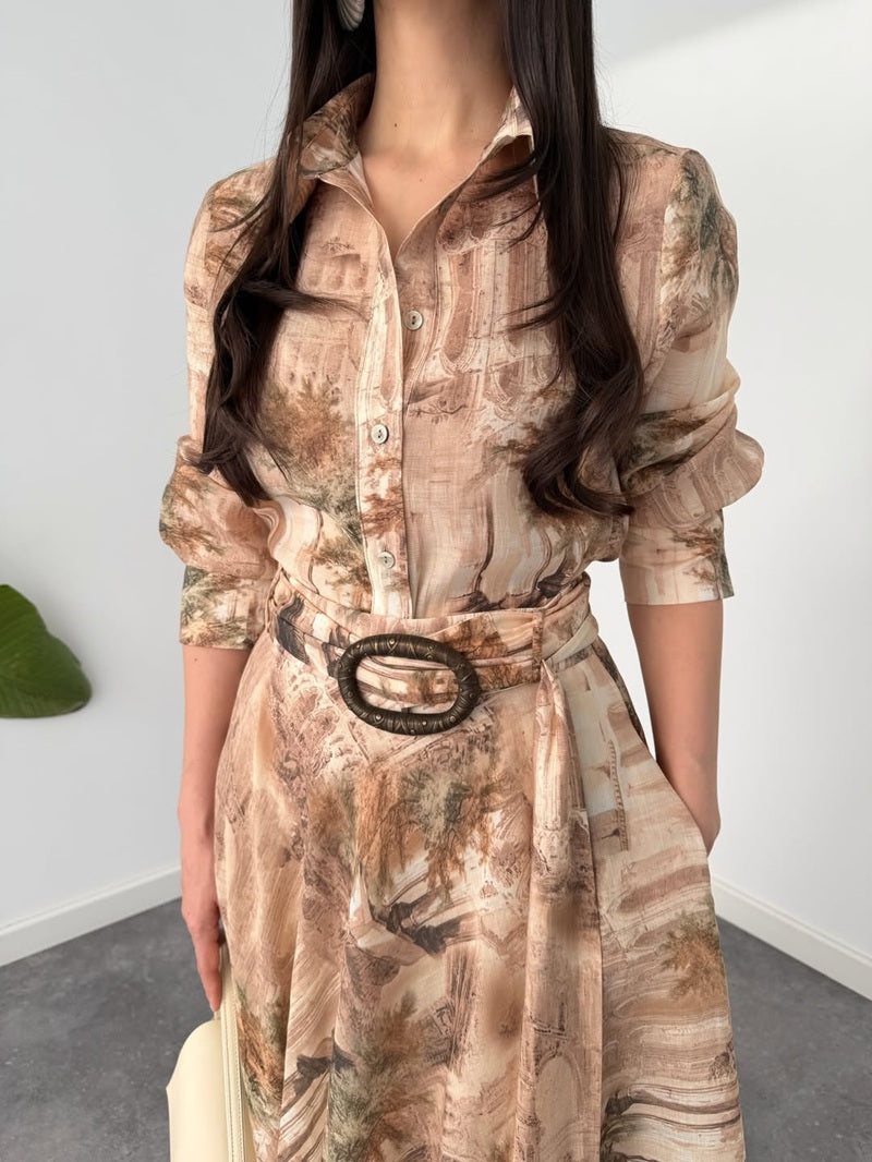 Vintage Landscape Print Belted Shirt Dress