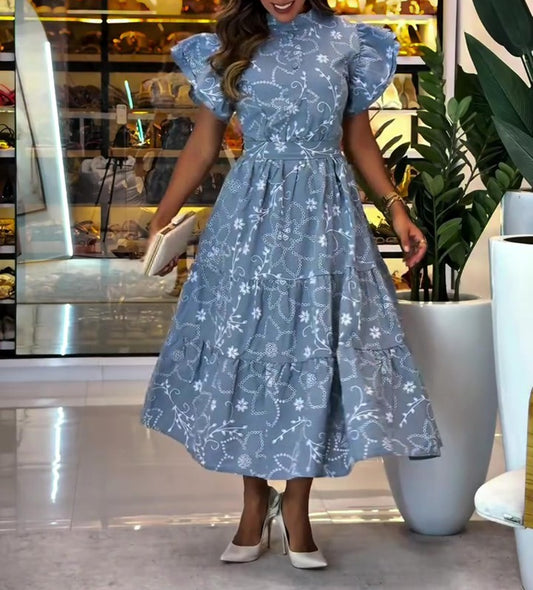 High Neck Ruffle Sleeve Floral Print Tiered Midi Dress