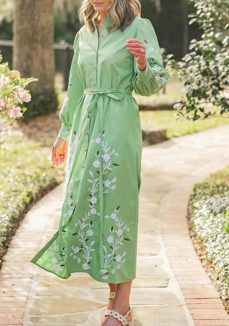 Vintage Puff Sleeve Embroidered Midi Dress