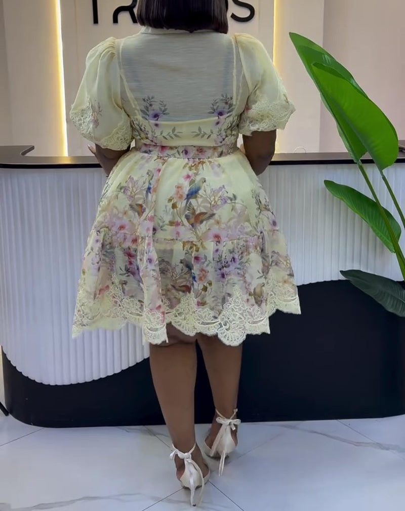 Floral Lace Trim Belted Shirt Mini Dress