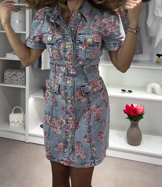 Vintage Rose Print Denim Shirt Dress With Belt
