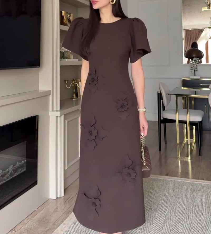 3D Floral Applique Puff Sleeve Round Neck Dress