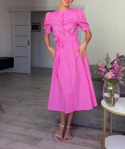 Puff Sleeve Belted Button Down Midi Dress