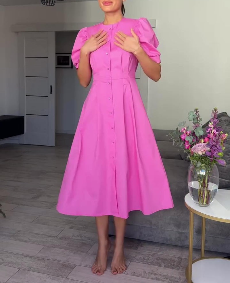 Puff Sleeve Belted Button Down Midi Dress