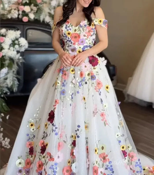 Off Shoulder Floral Applique A-Line Tulle Gown