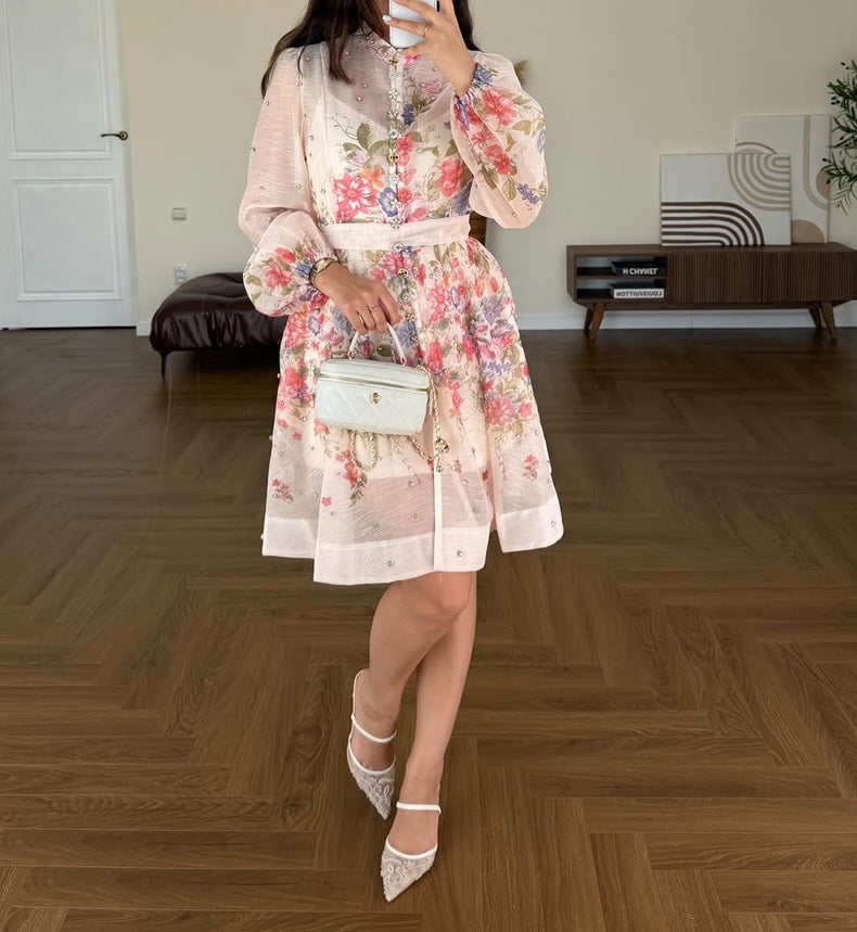 Elegant Floral Beaded Chiffon Mini Dress