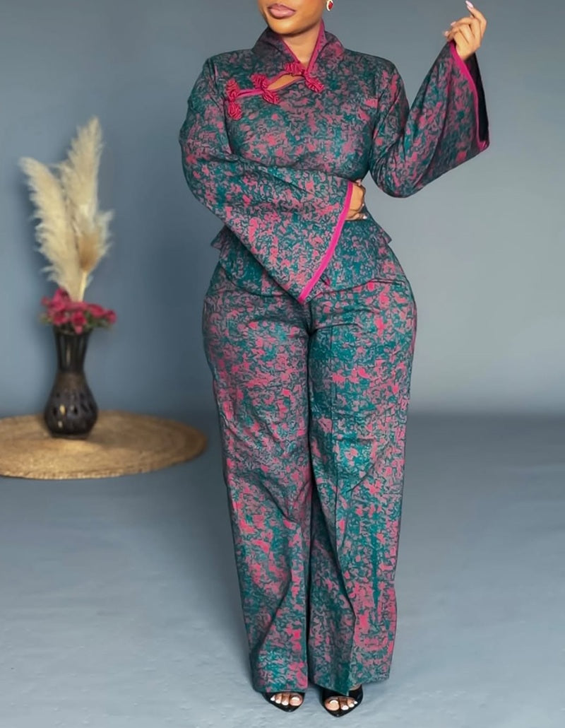 Oriental Inspired Tie-Dye Flare Sleeve High Waist Pants Suit