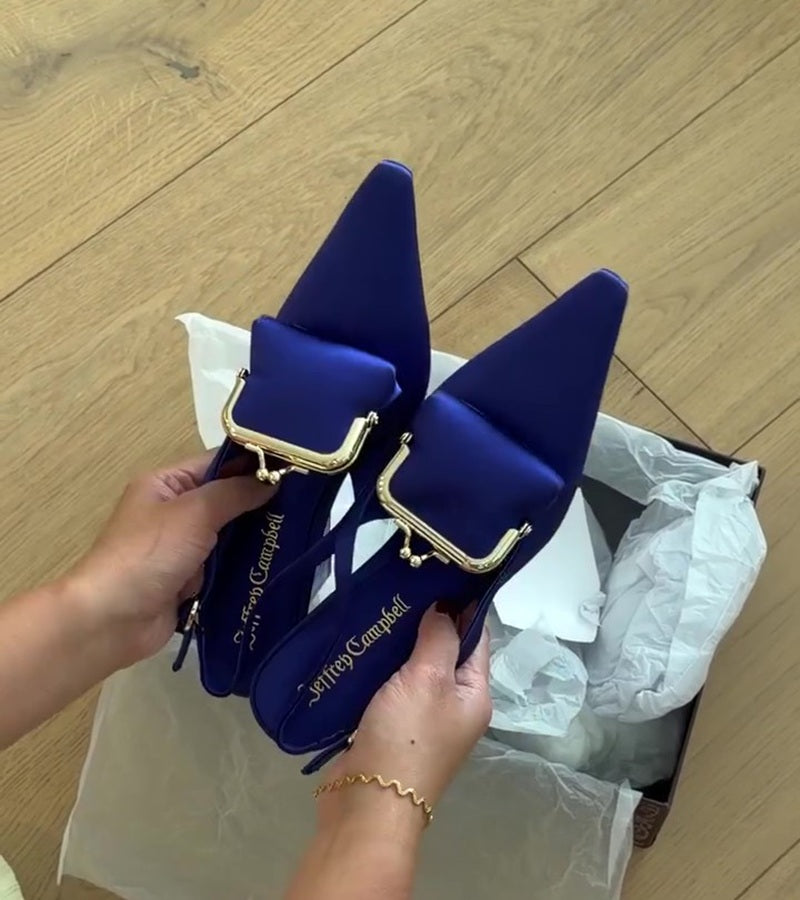 Royal Blue Satin Pointed Toe Wedge Heels With Mini Purse Detail