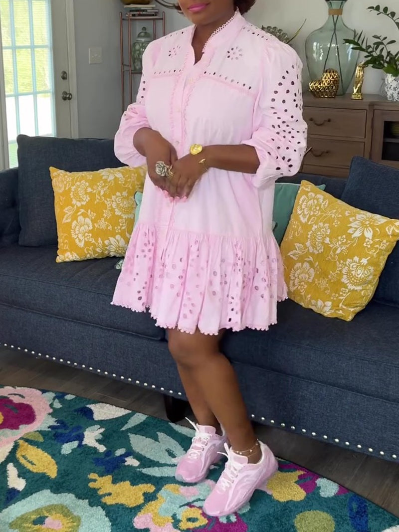 Sweet Pink Eyelet Ruffle Hem Dress