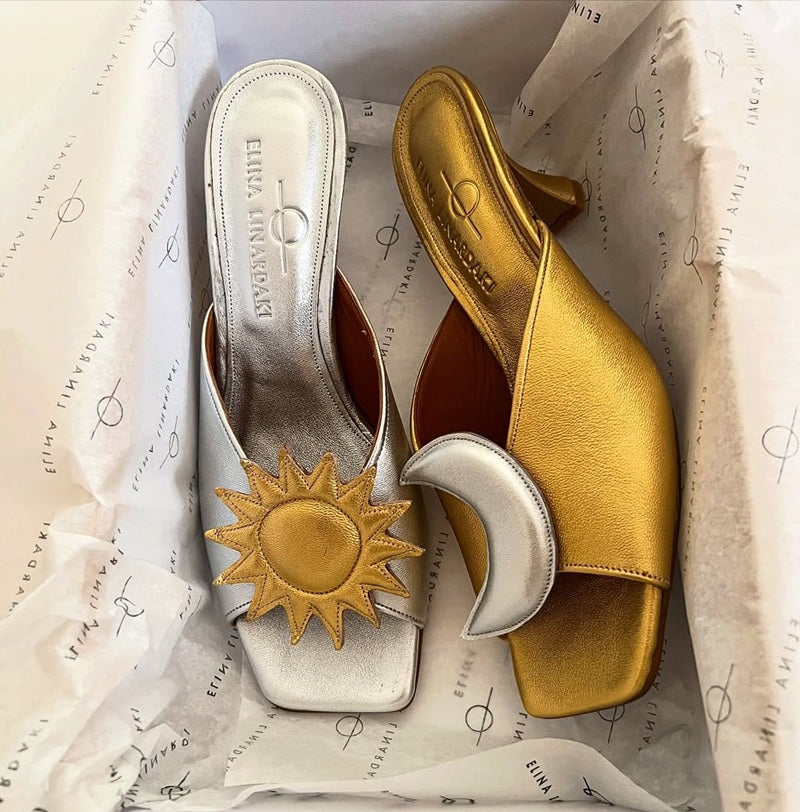 Asymmetric Sun & Moon Color-Block Satin Heeled Mules