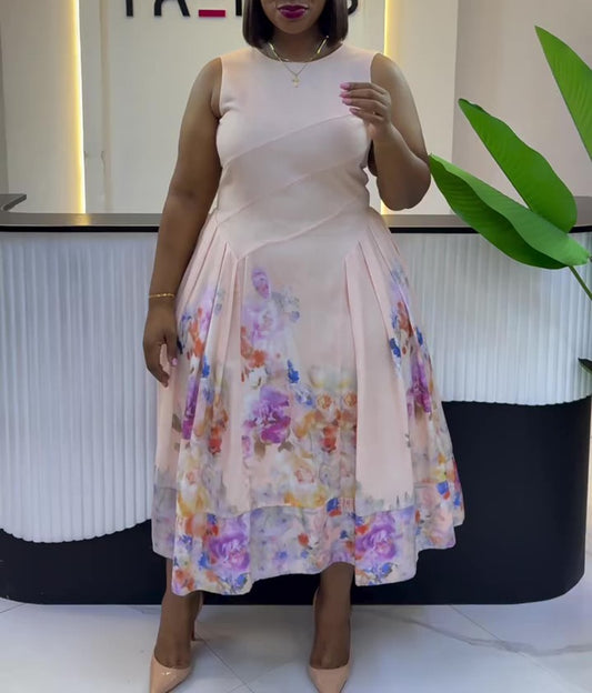 Pink Floral Print Sleeveless Midi Dress