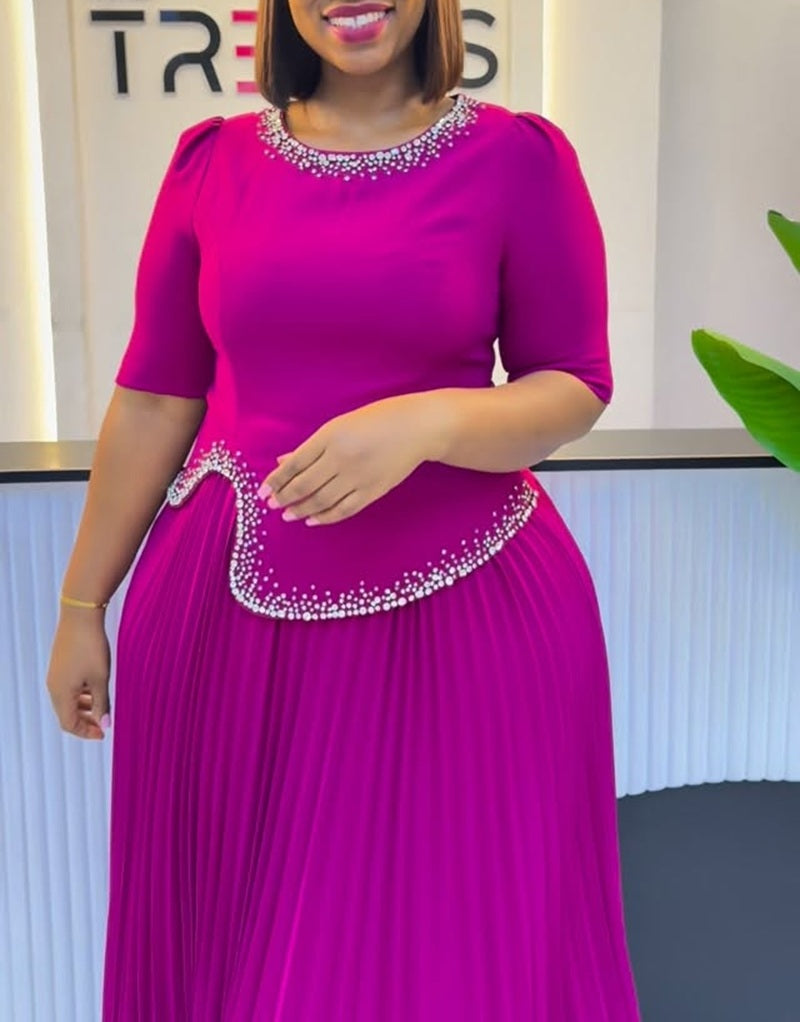 Beaded Waist Accent Pleated Formal Dress