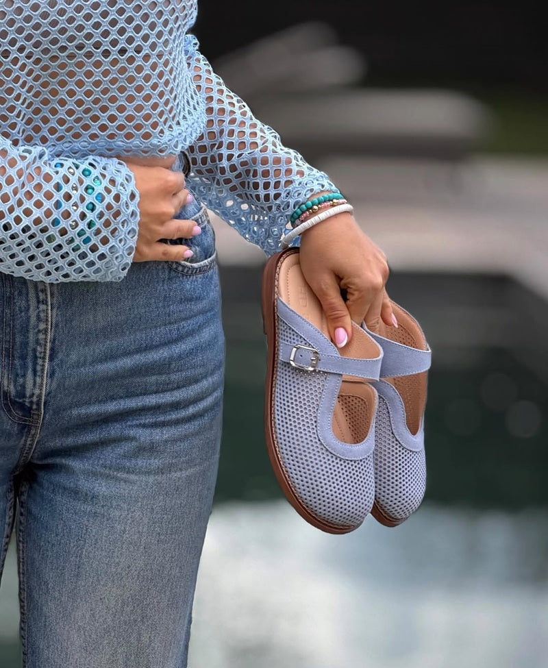 Mesh Buckle Strap Flat Mule Sandals