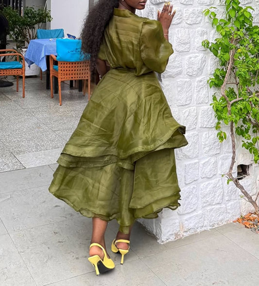 Organza Bow Puff Sleeve Two Piece Layered Skirt Set