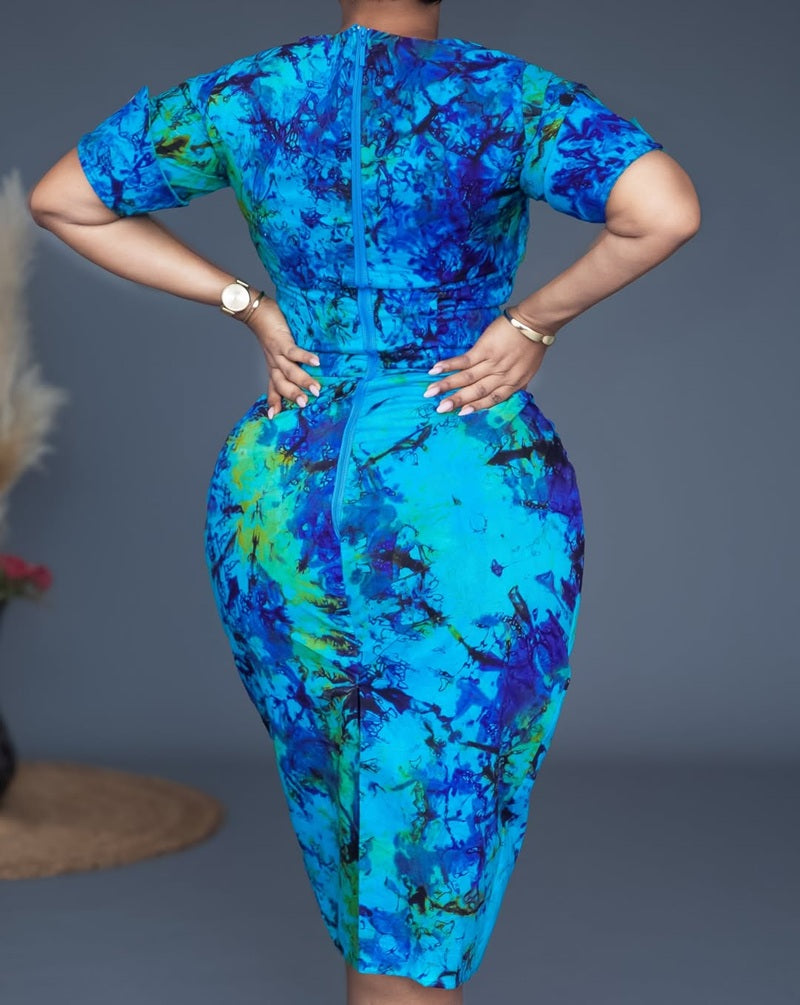 Watercolor Tie Dye Print Square Neck Short Sleeve Bodycon Midi Dress