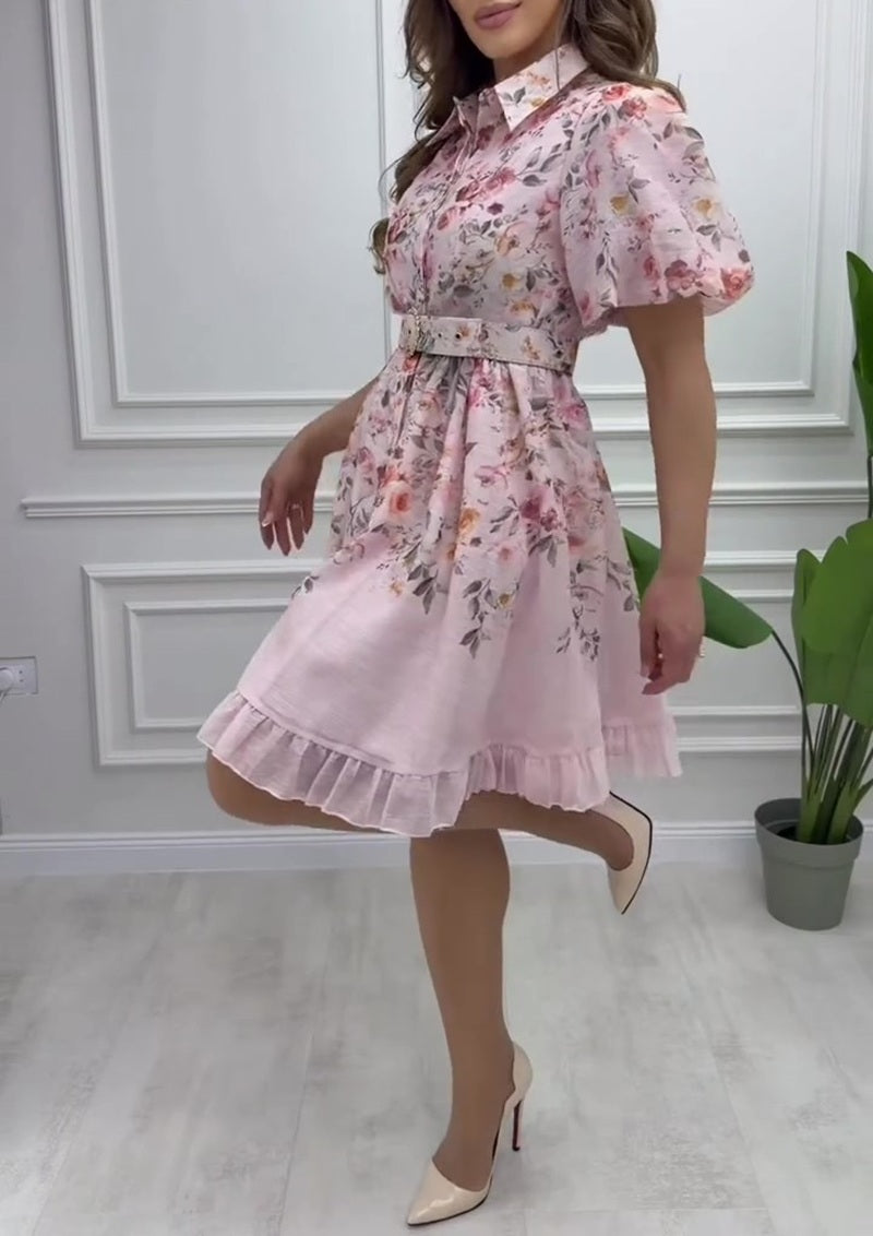Belted Floral Ruffle Hem Shirt Dress