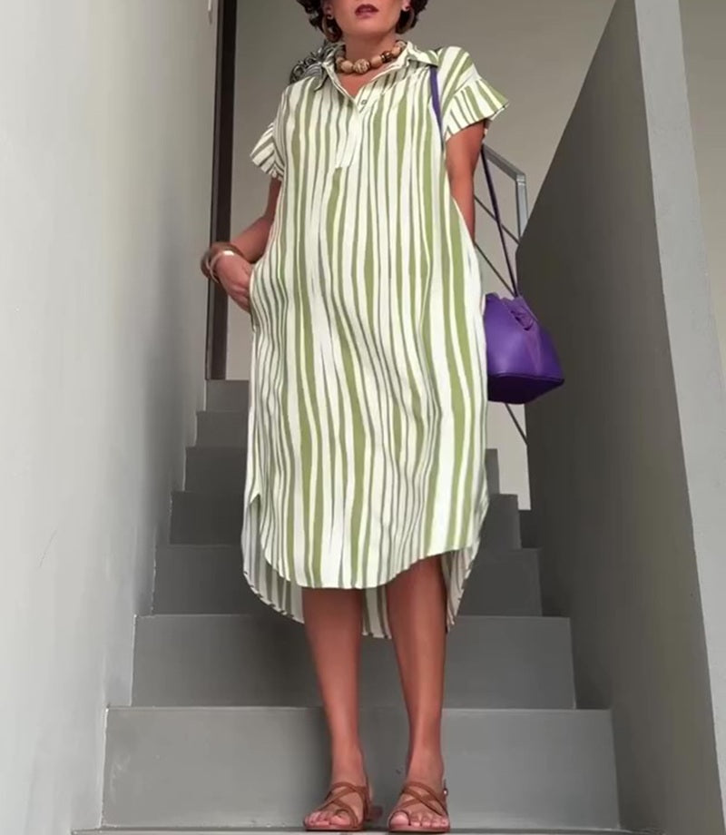Striped Midi Shirt Dress With Pockets