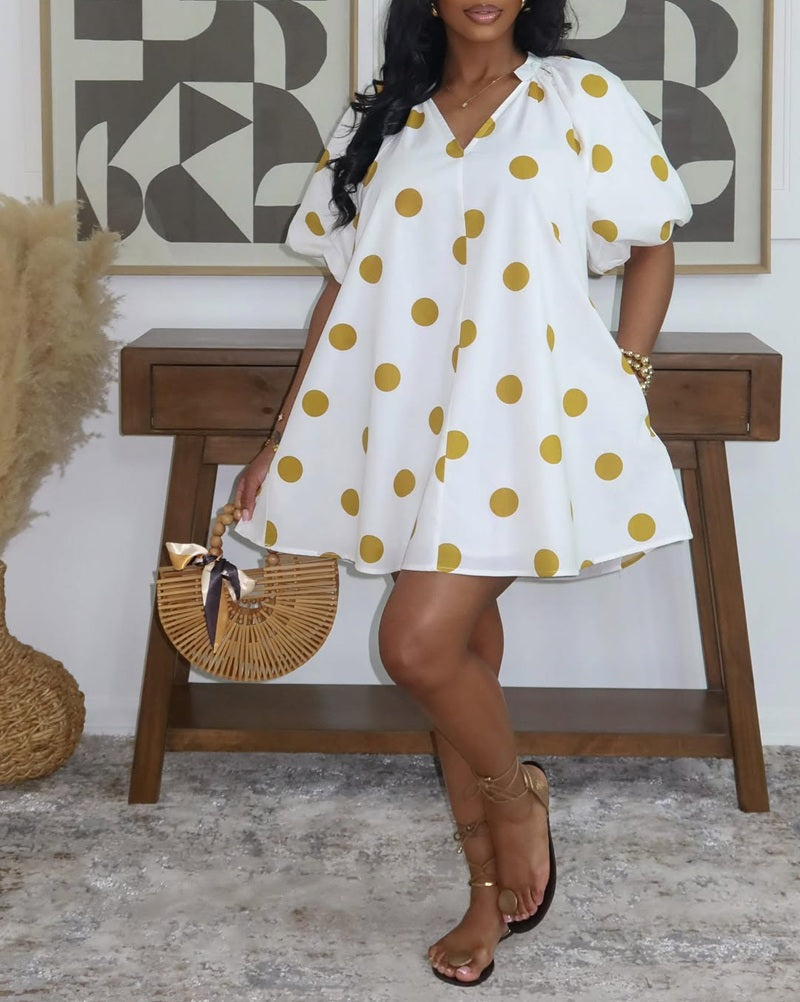 Polka Dot Puff Sleeve V-Neck Mini Dress