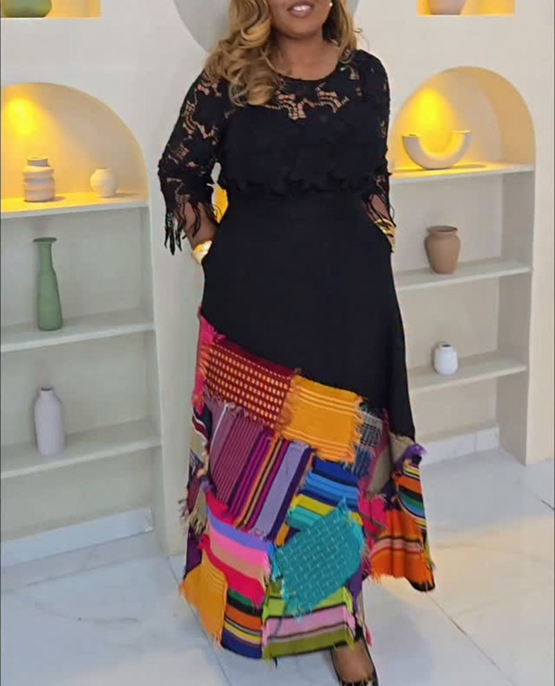 Black Lace Top Patchwork Maxi Dress With Colorful Fringe Hem