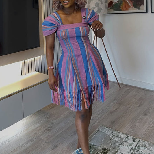 Bold Pink & Blue Striped Fringe Hem Mini Dress