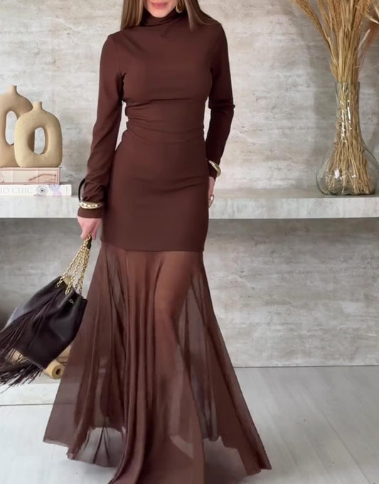 Turtleneck Mermaid Maxi Dress With Sheer Chiffon Skirt