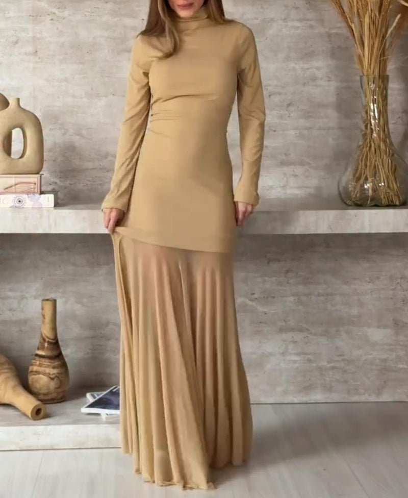Turtleneck Mermaid Maxi Dress With Sheer Chiffon Skirt