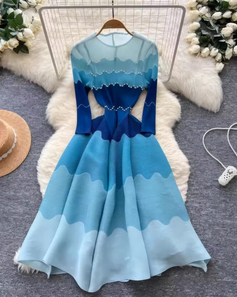 Ombre Wave Print Rhinestone Trim Pleated Flowy Evening Dress